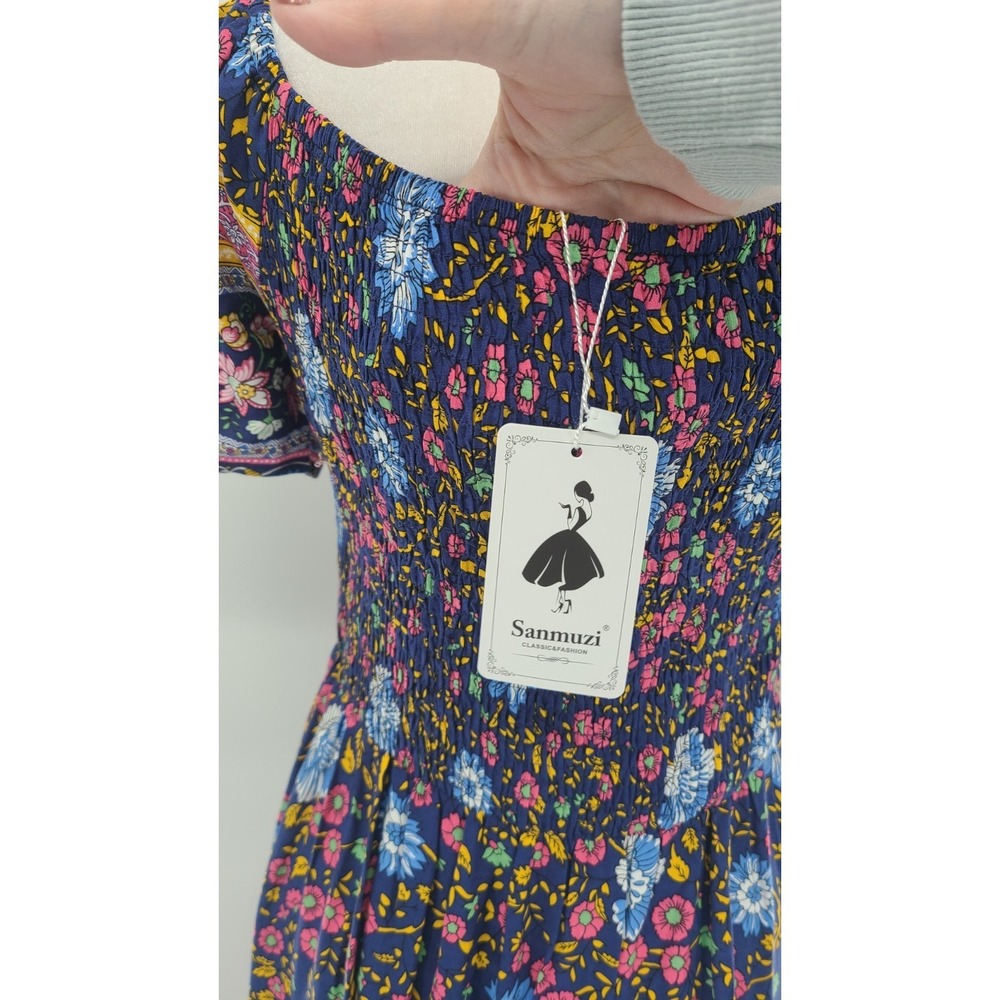 Babydoll Bohemian Western Maxi Dress M Floral Flounce Smocked Ruched Blue NWT - Picture 4 of 13